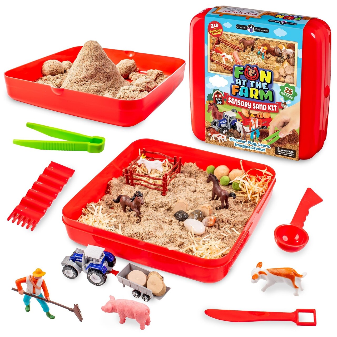 Original Stationery Fun at the Farm Sensory Bin Kit, Animal Farm Sensory Toy Kit with 2lbs Sand, Farm Animal Toys with Tractor and Farmer, No Mess Fun